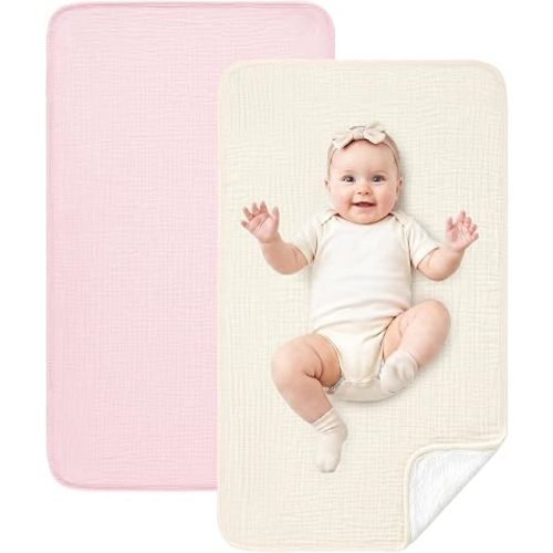 Eterish 2 Pack Waterproof Muslin Cotton Portable Changing Pad 30"x 17", Soft & Foldable Changing Pad Liner with Terry Backing, Travel Baby Changing Mat for Newborn Girls Boys
