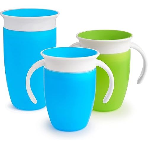 Munchkin Miracle 360 Toddler Sippy Cups, 6 Months and 1 Year Old, Spill Proof, 7 and 10 Ounce, 3 Pack, Blue/Green