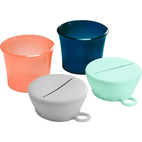 Boon Snug Toddler Snack Containers with Lids - Includes 2 Lids and 2 Baby and Toddler Spill Proof Cups for Snacks - Toddler Snack Cups for Home and Travel Essentials - Pink and Blue