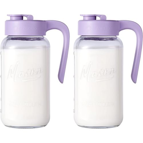 Mason Jar Pitcher - Airtight & Leakproof Glass Pitcher with Lid[set of 2], Perfect for Breastmilk, Cold Brew, and Sun Tea, 2 Quart (64 oz) Mason Jar with Pour Spout Lid
