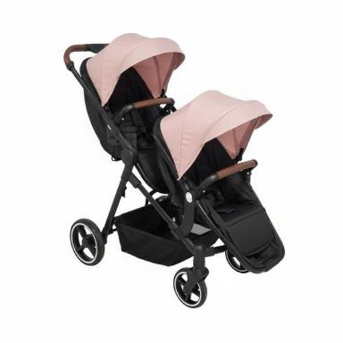 Foldable Tandem Double Stroller for Newborn & Toddler, Reversible Seats, 5-Point Harness, Adjustable Backrest & Canopy, Large Storage Basket, Pink