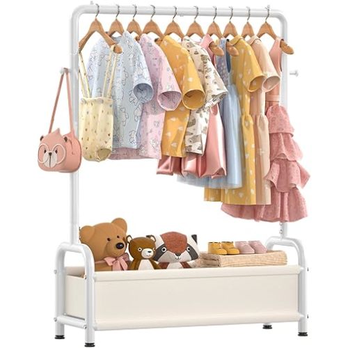 Kids Clothing Rack with Storage Shelf, Kids Dress Up Rack Storage for Coats, Small Baby Garment Rack for Hanging Clothes, Toddler Wardrobe Closet Organizer for Kids (Classic, White)
