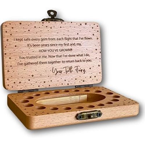 Tooth Fairy Keepsake Box for Girls & Boys, Tooth Fairy Box for 20 Baby Teeth, Wooden Tooth Storage & Saver Box for Lost Teeth, Tooth Fairy Gifts for Birthday (Natural Beech)