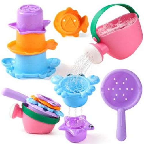 Etokfoks 5 Piece Baby Bath Toys Set for Kids Ages 1 to 3 Stackable Animal Cups Watering Can Spoon Mold Free for Bathtub Pool Beach