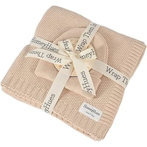Luxury Baby Gift Set for Newborns - 100% Cotton Knit Blanket Essentials with Matching Beanie, Thoughtful Baby Shower & New Baby Gift for Boys & Girls (Sandy Beige)