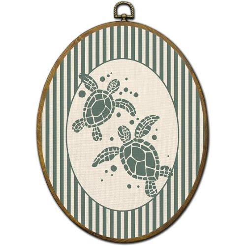 QZQE Coastal Beach Sea Turtle Oval Wall Art Decor Framed, Ocean Beach Nursery Oval Canvas Prints, Vintage Green Striped Sea Turtle Wall Hanging Decor for Home Bedroom Kids Nursery Room, 8.6x11.4 Inch