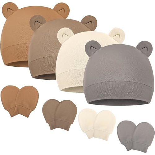 Newborn Baby Hats and Mittens Set Bear Ear Baby Beanie No Scratch Cotton Infant Caps Gloves Newborn Hats for Boys Girls
