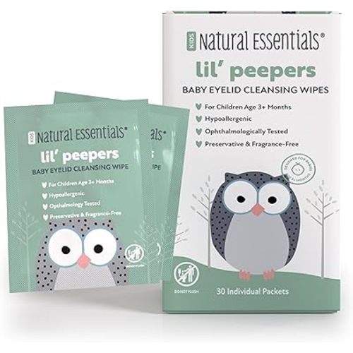 Natural Essentials Lil' Peepers Baby Eye Wipes and Eyelid Cleanser, Preservative-Free & Rinse-Free, Pediatrician Recommended Hypoallergenic Soft Eyelid Wipes for Babies, Kids and Adults (30 Count)