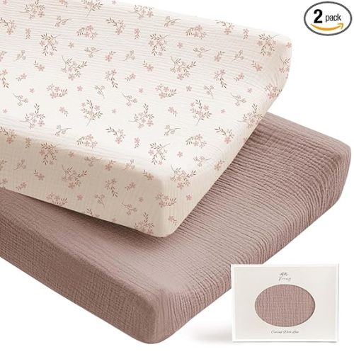 Konssy 2 Pack Muslin Changing Pad Covers for Boys, Ultra Soft & Breathable Cotton Baby Diaper Changing Table Covers, Neutral Nursery Diaper Changing Pad Sheets (Soft Blooms,Taupe)