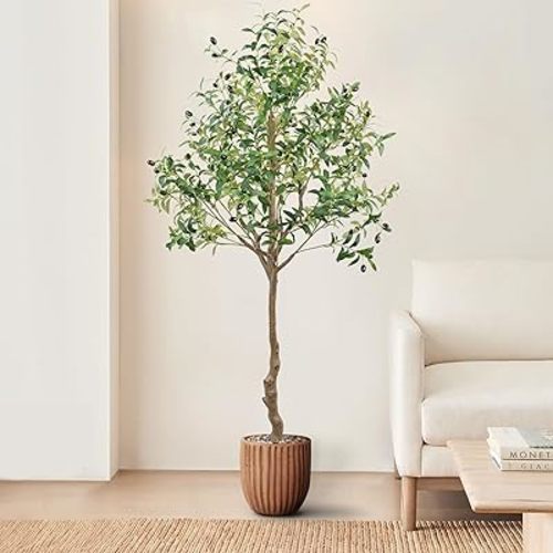 ANTING Artificial Olive Tree, 6FT Tall Faux Olive Tree with Pot, 72in Artificial Plants Indoor Silk Plants with Realistic Trunk,1150 Leaves and Lifelike 44 Fruits for Home Office Decor Outdoor(1pack)