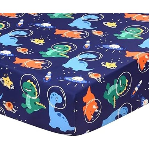 JISEN Baby Crib Sheets Soft Breathable Space Dinosaurs Fitted Crib Sheets for Standard Crib and Toddler Mattress Baby Bed Sheets for Boys Girls Neutral 52x28 Inch