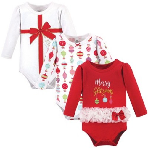 Little Treasure Baby Girl Cotton Long-Sleeve Bodysuits 3pk, Glitzmas, 3-6 Months
