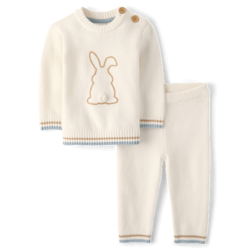 Baby Embroidered Bunny Silhouette Sweater 2-Piece Outfit Set - White