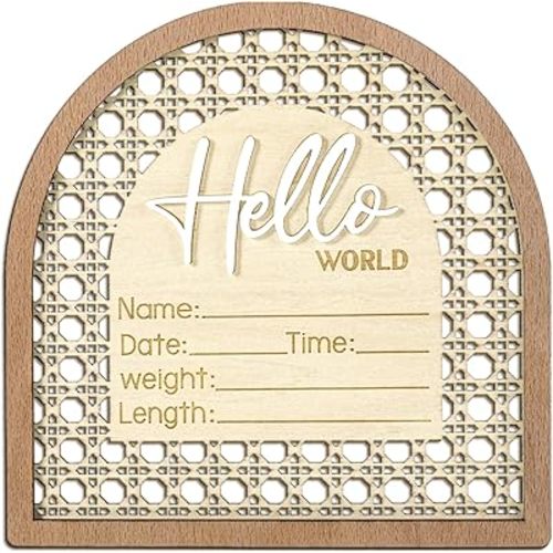 Baby Announcement Sign, 5.5in Wooden Arched Baby Shower Welcome Sign, Hello World Newborn Welcome Signs Birth Name Tag, Can be Used for Photo Props, Nursery, Newborn Gift
