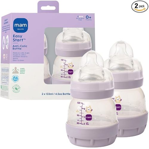 MAM 4.5oz Easy Start Anti-Colic Wide Neck Vented Baby Bottle, Extra Slow Flow Breastfeeding-Like Silicone Nipple, Reduces Colic, Gas & Reflux, Easy to Clean, BPA Free, 0+ Months, Made in Europe