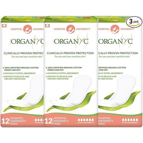 Organyc Hospital Postpartum Pads, 100% Certified Organic Cotton Inside and Out for Women, for First Days After Delivery, 3 Pack of 12 Count