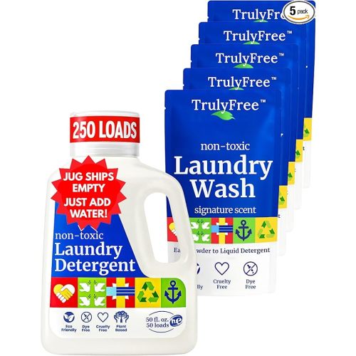 Truly Free Natural Laundry Detergent for Sensitive Skin | Eco Friendly, Plant Based, Baby Clothes Safe | Clean & Easy Powder to Liquid, 5 Pack Detergent + 1 Refillable Jug | Signature Scent 250 Loads