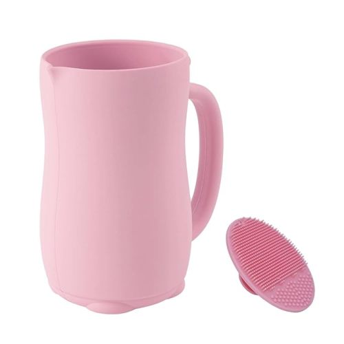 mandoo Baby Bath Rinse Cup - Food Grade Silicone - Shampoo & Body Washing Rinser Cup for Kids with Easy Grip Handle to Rinse Baby Shampoo and Soap - Baby Essentials (Pink+Brush)