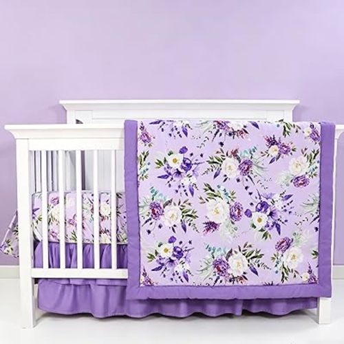 Crib Bedding Set for Girls, Purple Baby Crib Bedding Set 4 Piece, Baby Girl Nursery Bedding Set Including Comforter, Fitted Crib Sheet, Crib Skirt, Diaper Stacker, Floral