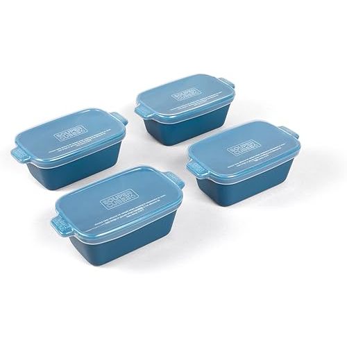 Souper Cubes Stoneware - Small Ceramic 5" x 3" Baking Dish with Silicone Covers, Small Baking Dishes for Oven Perfect for Reheating Single Serve Portions, Set of 4 - Blueberry