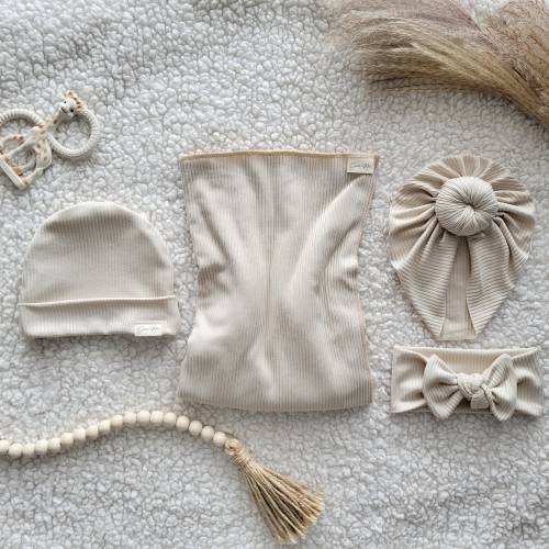 Conjunto de envoltorio para bebé en beige claro: envoltorio, pañuelo anudado, diadema y gorro - Género neutro, niña y niño