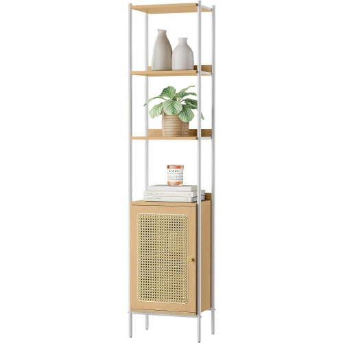 Hyxoo 6-Tier Bookcase, Bookshelf with Rattan-Like Door, Boho Style, Freestanding 15.7-Inch Wide Storage Shelf, Metal Frame, Adjustable Shelf, for Living Room, Oak Beige and Pearl White