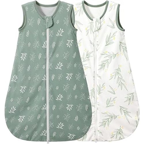 Duomiaomiao Baby Sleep sack 1.0 Tog, 2 Pack Cotton Baby Sleeping Bag All Years Round, Wearable Blanket Unisex Toddler Newborn Sleep Bag 0-6 Months, Green Leaves
