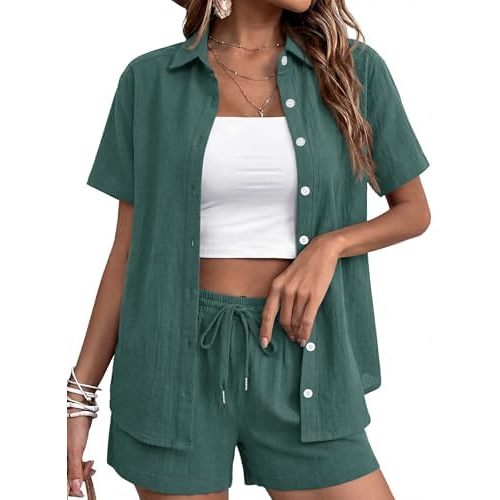 Women's 2 Piece Cotton Summer Outfit Nursing Access Button Down Short Sleeve Shirt