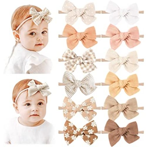Niceye Baby Girl Bows and Headbands, 12 Packs of Stretchy Nylon Hairbands Hair Bows for Newborns, Infants, Toddlers - Handmade Baby Hair Accessories for Girls