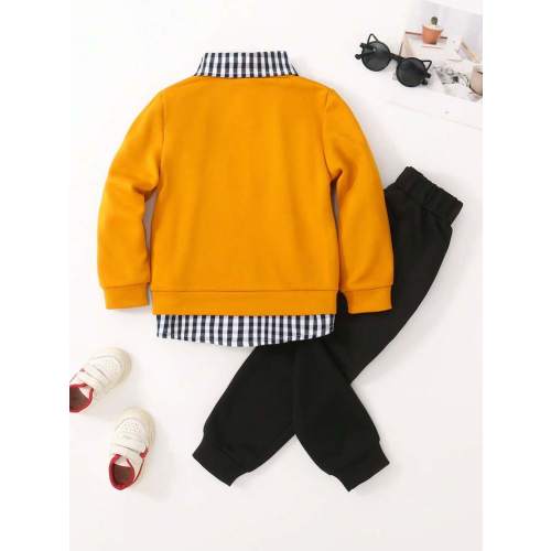 2pcs/Set Young Boy Cute Casual Yellow Embroidered Sweatshirt And Black Pants Comfortable Outfit, Autumn/Winter | SHEIN USA