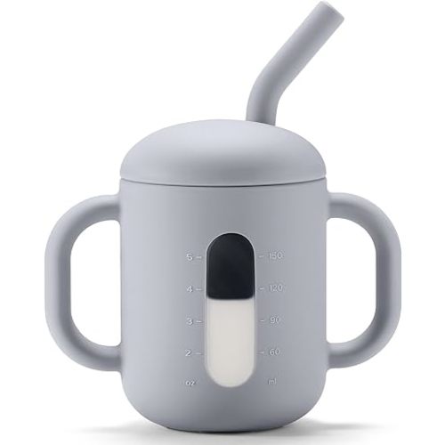 CLYMENE Silicone Training Cup with Straw & Handles | Baby Sippy Cup | Water Drinking Cup for Infants and Toddlers 6 Months+, 6 oz, Smoke