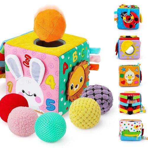 beetoy Sensory Busy Cube for Baby, Montessori Infant Toys with Textured Sensory Balls, Early Learning Travel Toys for Fine Motor Skills, Perfect Newborn Boy and Girl Gift