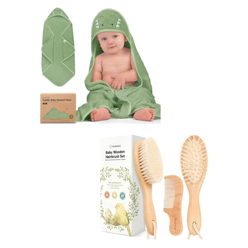 KeaBabies Baby Hooded Towel and Baby Hair Brush and Comb Set - Soft Bath Towels with Hood for Toddlers, Wooden Brush with Soft Goat Bristle for Girls, Boys, Toddlers
