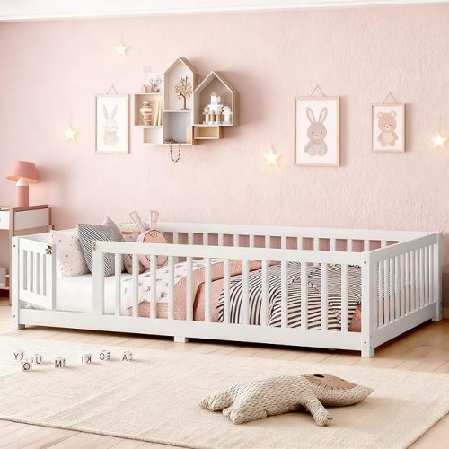 Full Size Floor Bed with Door and Support Slats, Wood Kids Floor Bed with Full-length Guardrails, Montessori Floor Bed Frame for Kids, Boys, Girls, Childlike and No Box Spring Needed Design, White