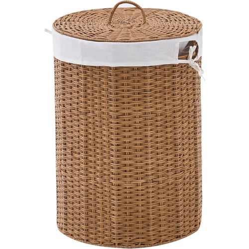 Round Wicker Laundry Hamper with Lid Handwoven Rattan Basket with Handles for Dirty Clothes, 2 Washable Liner Bags, No Assembly Required, Washable Basket, 90L
