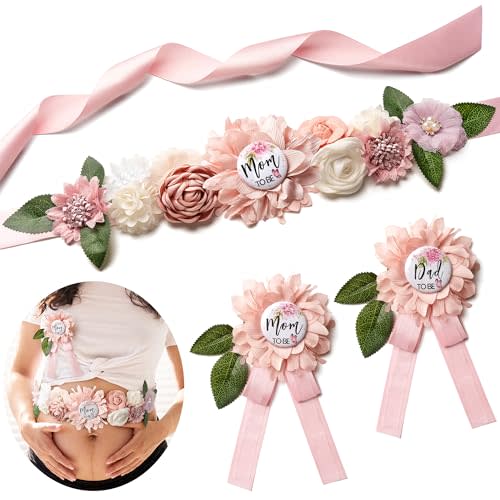 Baby Shower Maternity Sash Belly Belt-Pink Flower Sash Set Mom to Be & Dad to Be Corsage Pins for Gender Reveal