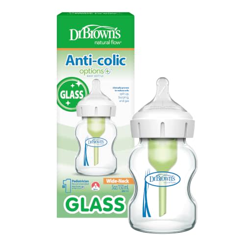 Dr. Brown's Anti-Colic Options+ Wide-Neck Glass Baby Bottle, 5 oz, 1-Pack | Clinically proven to reduce colic, glass bottle with Level 1 slow flow nipple, 0m+, BPA-free