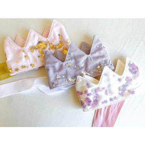 Fabric princess crowns with sequins, linen fairy dress up costume accessory, birthday present for little girl, stocking stuffer for children
