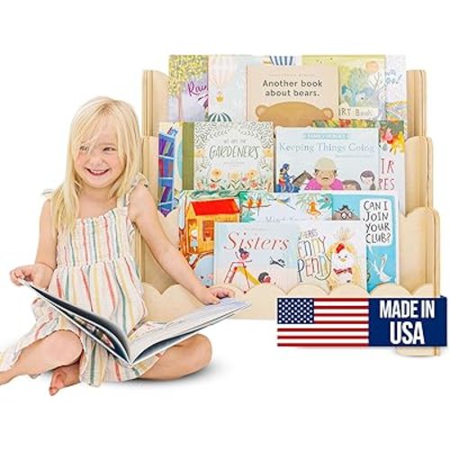 Wooden Kids Bookshelf w/Scalloped Edges- Made in USA- Perfect Height 3-Tier Montessori Shelf- Durable Childrens Bookcase for Kids Room or Playroom- Baby Book Shelf Nursery
