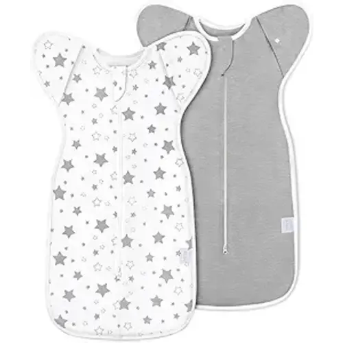 2-Pack Baby Swaddle 0-3 Months - Arms Up Swaddle for Newborns, Baby Sleep Bag with Cuff Removable & 2-Way Zipper, Gray Stars Design