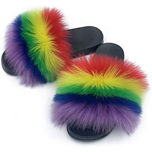 Women's Faux Fur Slides Slippers Fluffy Fuzzy Sandals Open Toe Furry Slide Flip Flop Indoor Outdoor