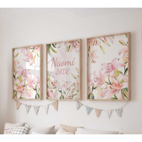 Custom Pink Lilies Prints, Set of 3 Floral Nursery Wall Art, Boho, Baby Girl Nursery Decor, Watercolor Flowers, Personalized Name Sign