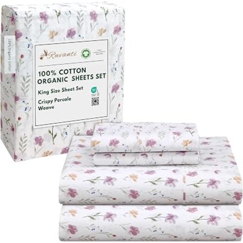 RUVANTI 100% Cotton Organic Percale Sheets King Size, Obsessed Stems