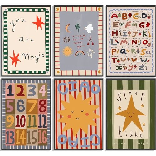 6Pcs Colorful Kids Room Wall Art Digital Letter Educational Wall Decor Prints Boho Colorful Stripes Paintings Artwork Star Sun Pictures for Nursery School Home Decoration 12x16in No frame