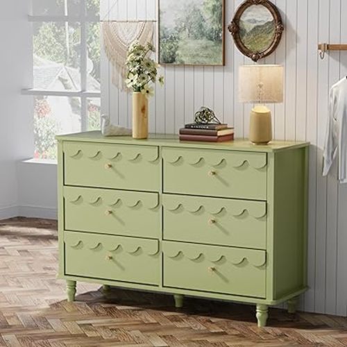 Anbuy Green 6 Drawer Dresser for Bedroom, Modern Wide Chest of Drawers, Scalloped Organizer Storage with Drawers, Fluted Petal Pattern Large Storage Cabinet for Bedroom, Living Room, Porch