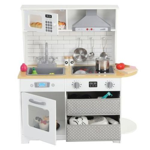 Kids Play Kitchen ¨C White Pretend Playset with Stove,Sink & 17-Piece Toy Food C Includes Real Lights/Sounds & Fabric Drawers C Chef Set for Ages 3+