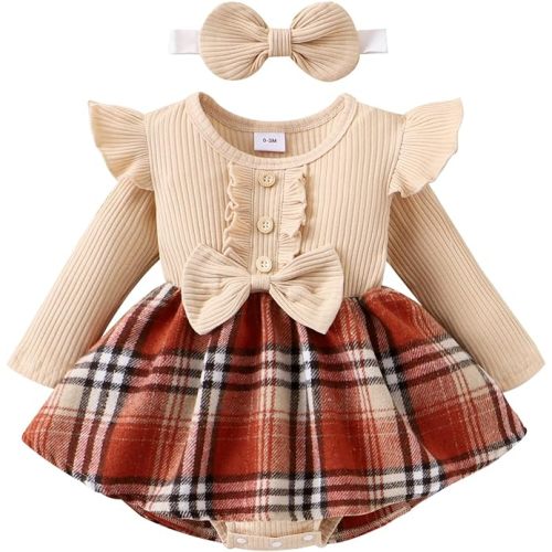Newborn Baby Girl Fall Winter Outfit Set Plaid Romper Dress Ruffles Long Sleeve Clothes Jumpsuit with Bow Headband