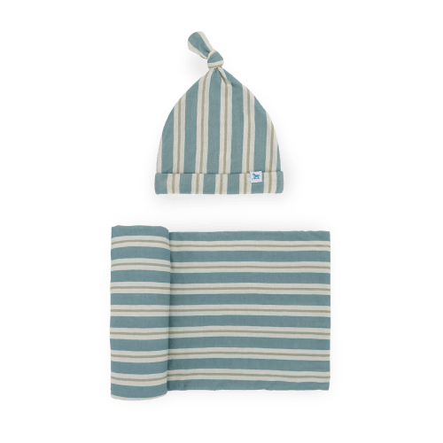 Stretch Knit Swaddle and Hat Set - Blue Vintage Stripe