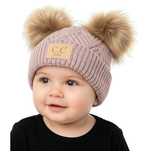 Funky Junque Double Pom Pom Baby Beanie  Newborn Girl Winter Hat 012 Months, Cute Cozy Knit Infant Beanies for Cold Weather