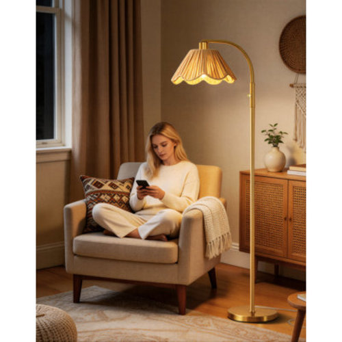 63" Gold Floor Lamp for Living Room, Modern Standing Lamp with Raffia Lampshade, Stepless Dimmable Rotary Switch for Bedroom Home Office Boho Decor | Wayfair